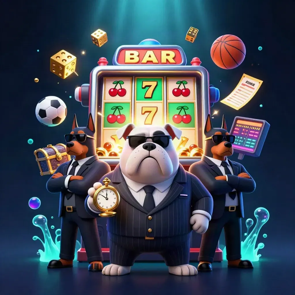 Bulldog boss and two Dobermans amid slot machine bursts, gold, and neon casino effects