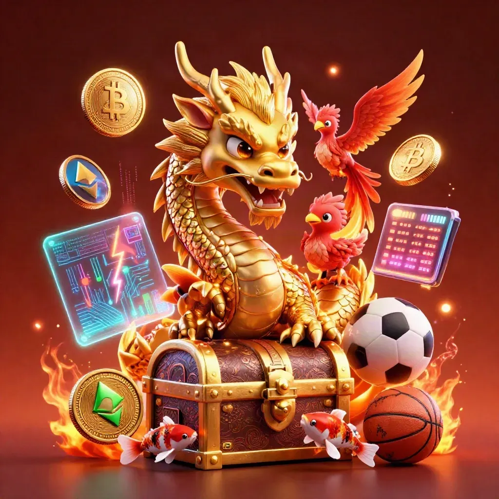 Golden dragon treasure chest with phoenix, koi, coins, sports ball, and neon casino effects.