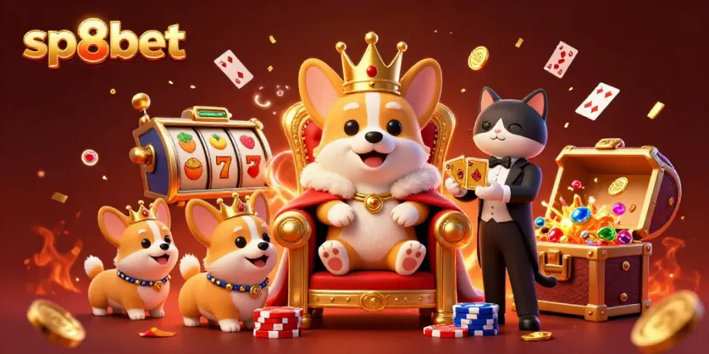 Experience the thrilling world of sp8bet with a royal corgi and gaming treasures in a vibrant casino setting.