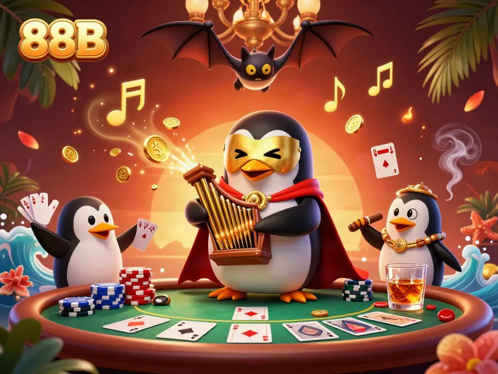 Experience thrilling plays with 88B in a vibrant casino scene featuring golden musical notes and poker elements.
