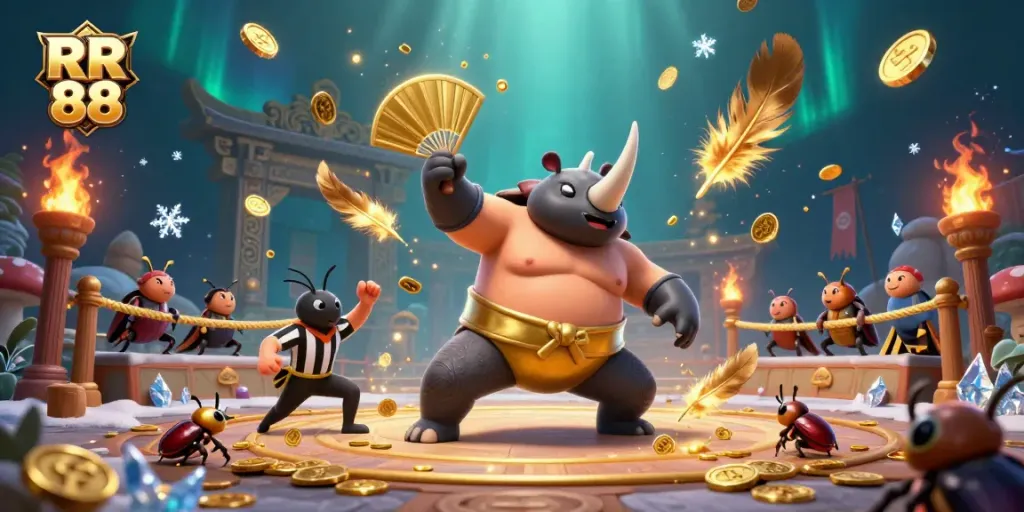Experience thrilling gameplay at RR 88 with the powerful stomp of a sumo beetle champion amid a dynamic casino scene.