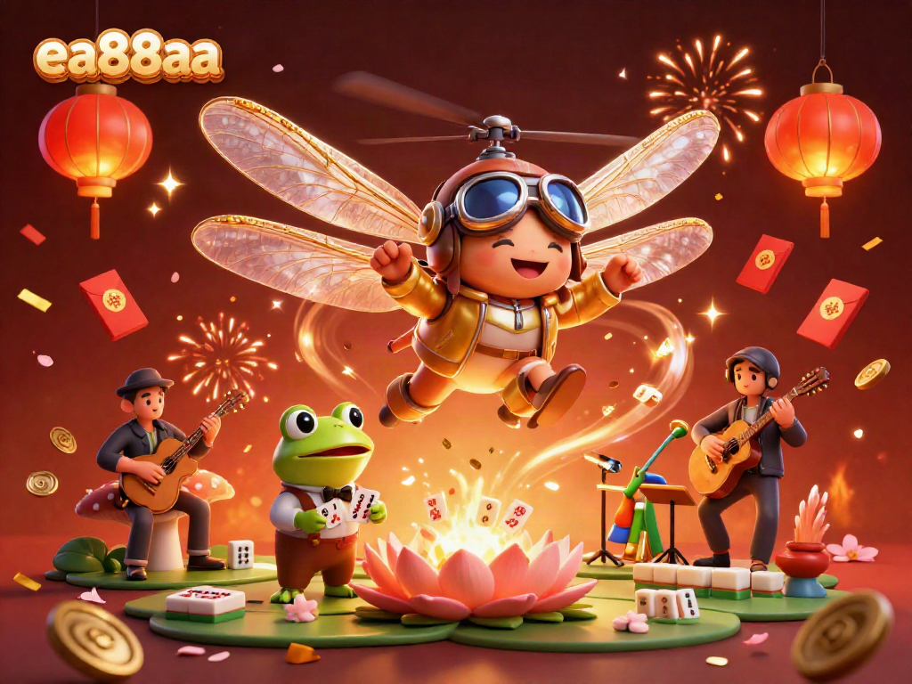 ea88aa illustrates a vibrant casino scene with a dragonfly pilot, frog dealer, and jazz musicians.
