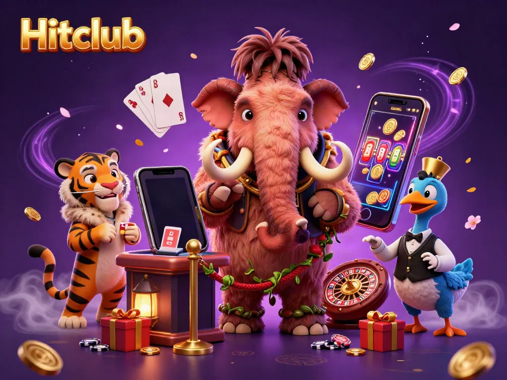 Celebrate gaming at Hitclub with a vibrant 3D scene featuring unique casino characters and gaming elements.