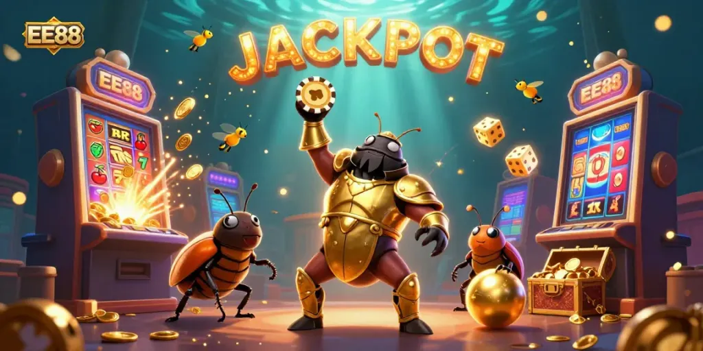 EE88 features a victorious hercules beetle lifting a poker chip with vibrant casino elements, capturing the excitement of gaming.