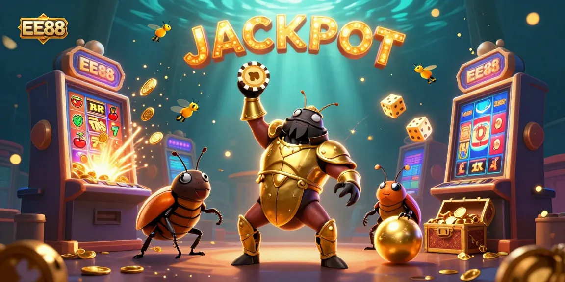 EE88 features a victorious hercules beetle lifting a poker chip with vibrant casino elements, capturing the excitement of gaming.