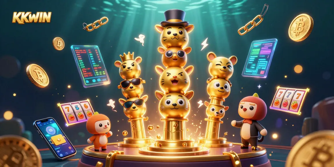 Experience excitement with KKWIN through vibrant 3D casino action featuring animated totem poles and crypto elements.