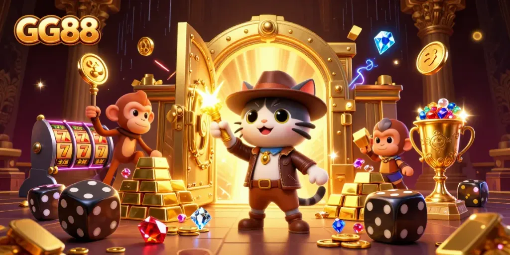 GG88 cat archaeologist unearthing treasures in a golden casino setting.