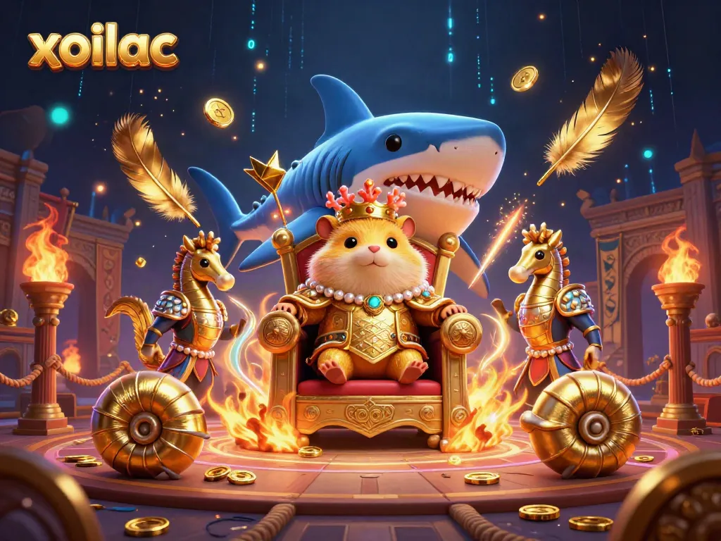 Xoilac offers thrilling gambling action with golden hamster king and aquatic guards in a dynamic casino scene.