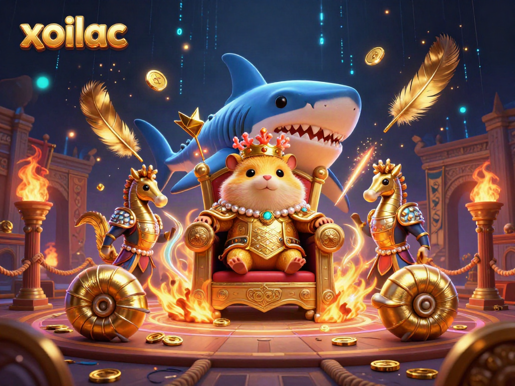 Xoilac offers thrilling gambling action with golden hamster king and aquatic guards in a dynamic casino scene.