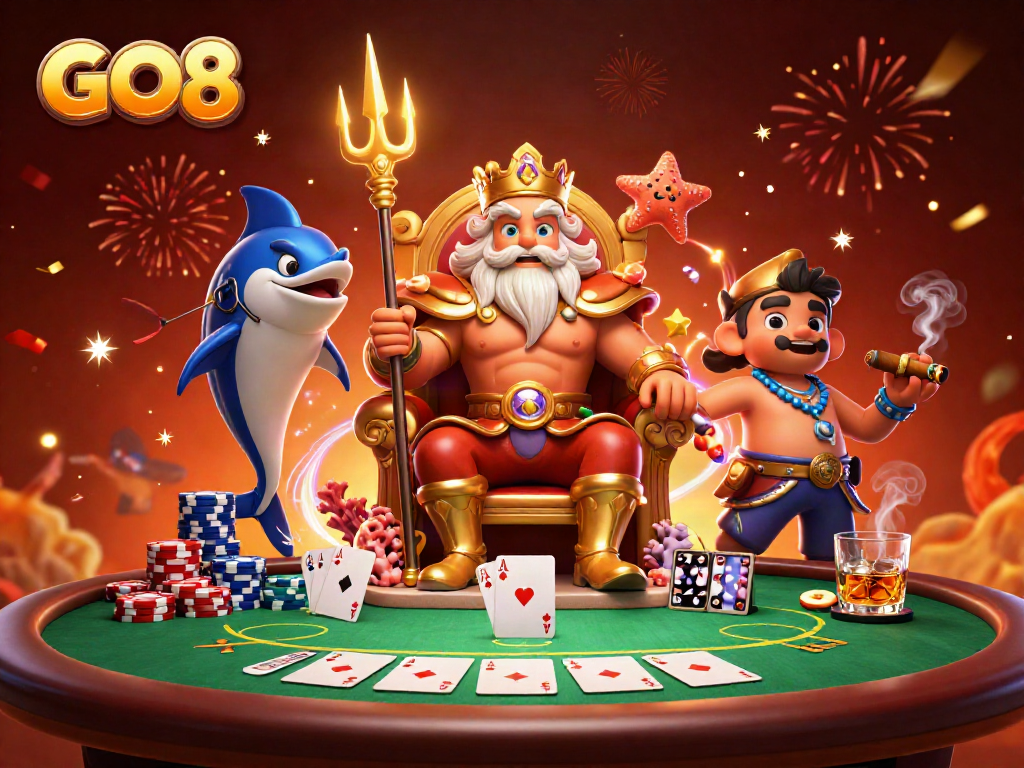 Experience the excitement of GO8 with Neptune, poker chips, and fireworks in this vibrant casino scene.