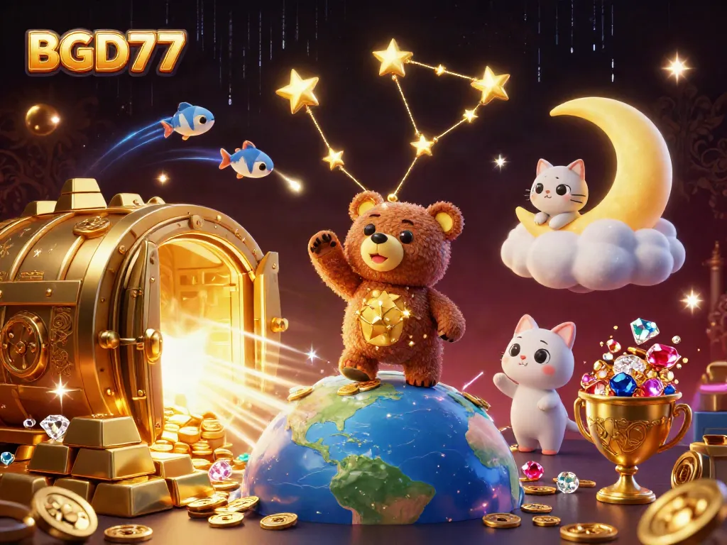 Engage with BGD77's vibrant casino world, filled with golden treasures and animated characters.