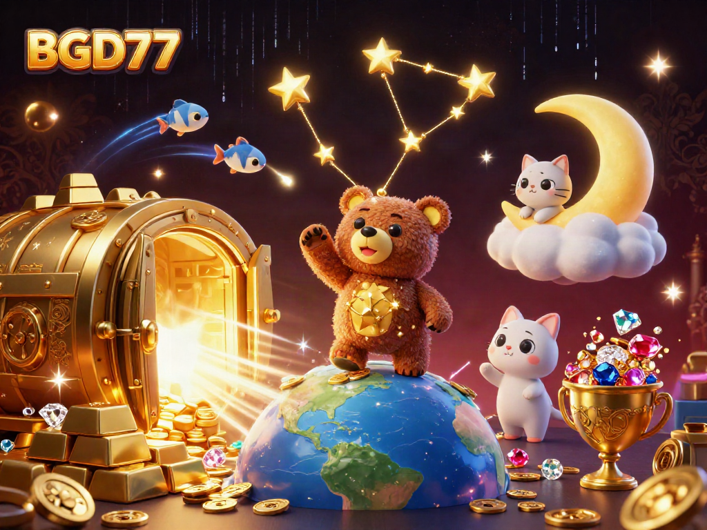 Engage with BGD77's vibrant casino world, filled with golden treasures and animated characters.