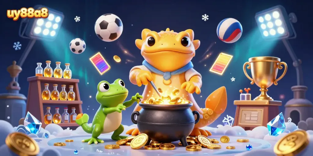 Experience winning with uy88a8's exciting gaming elements featuring golden alchemical characters.