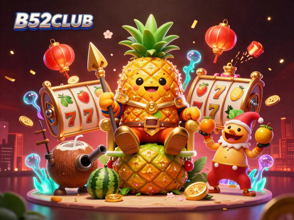 B52CLUB gaming scene showcasing a golden pineapple king on a throne with vibrant casino elements.