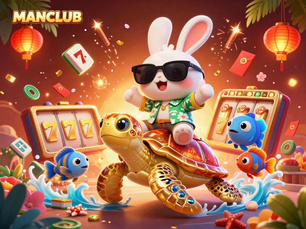 Experience fun at MANCLUB with a lucky rabbit and golden turtle in a vibrant casino scene.