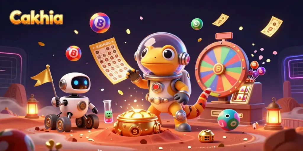 Cakhia illustrates dynamic casino adventure with a Martian gecko discovering golden riches in an ultra-detailed 3D scene.
