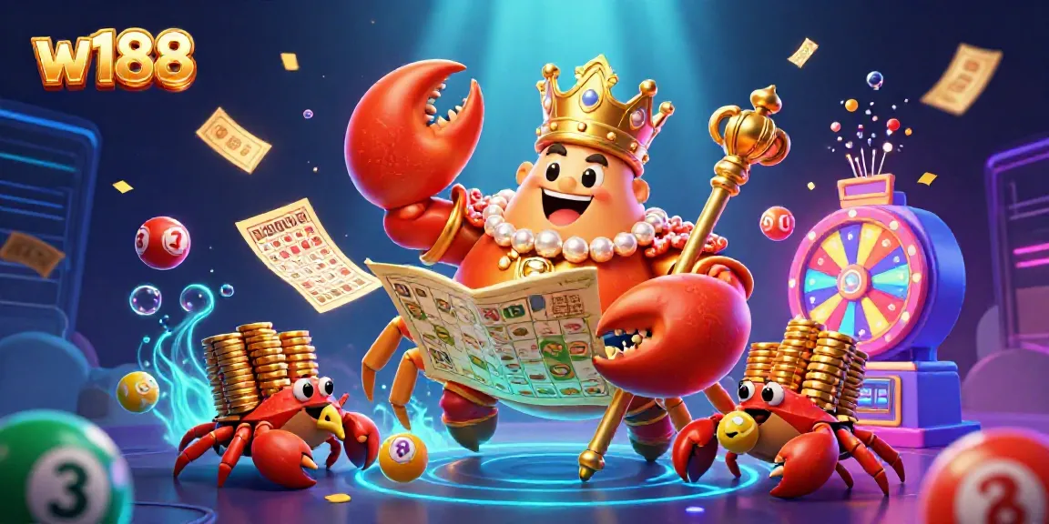 Experience the exciting lottery world of w188 with a golden crab and vibrant games.