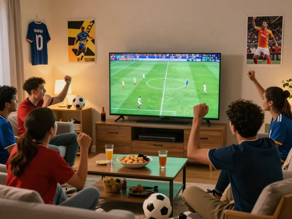 Friends enjoying a lively soccer match at home, capturing the excitement of cakhiatv viewers.
