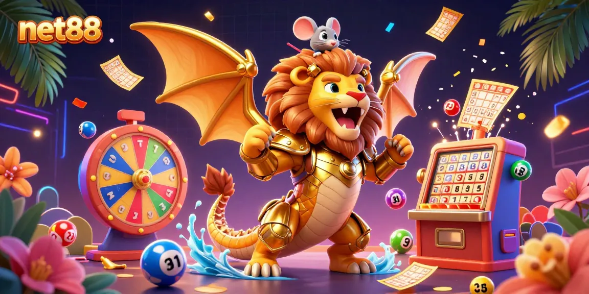 Experience the thrill of net88 with a roaring chimera and vibrant lottery elements for online gaming.