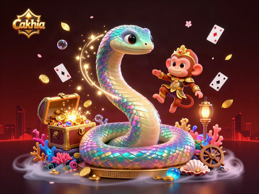 Cakhia's vibrant scene with a magical serpent and monkey king amid dazzling treasures and dynamic game elements.