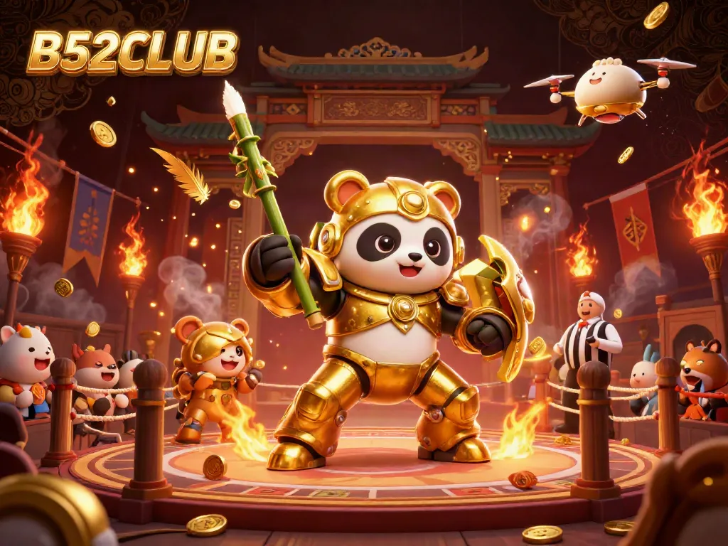 Engage with the thrilling B52CLUB casino experience in an exciting arena filled with action and golden elements.