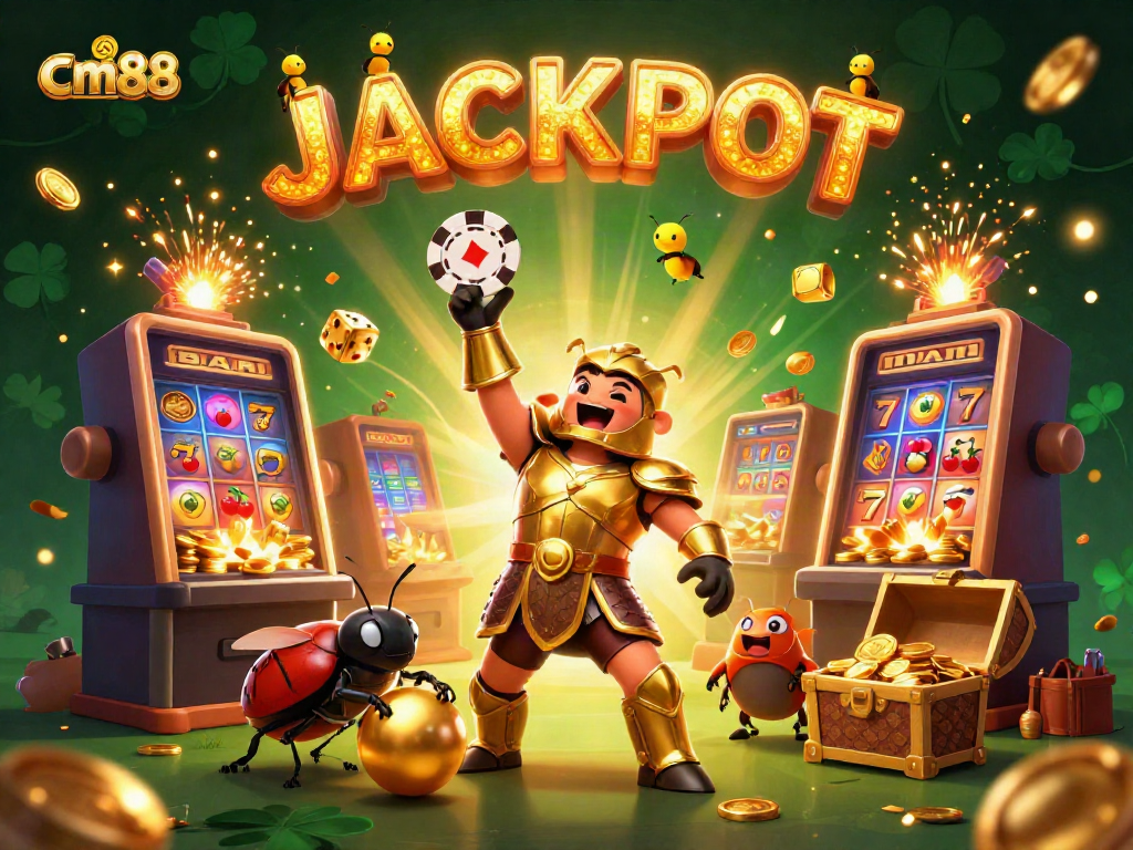 Spin and win at cm88 with vibrant 3D slots, beetle champions, and jackpot excitement in a colorful casino scene.