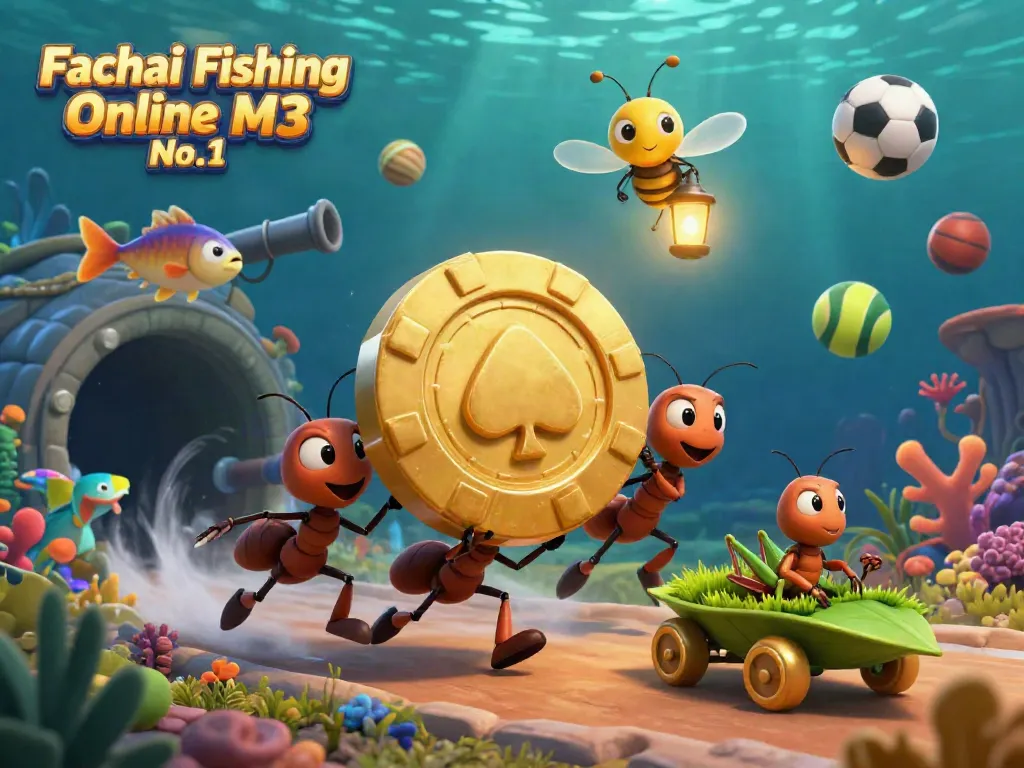Experience thrilling action in Fachai Fishing Online No.1 M3 as ants carry a giant poker chip, surrounded by vibrant game elements.