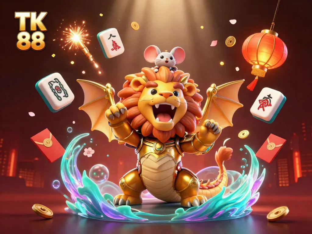Engage with the thrilling world of TK 88 featuring a victorious chimera and mouse jockey amid vibrant casino elements.