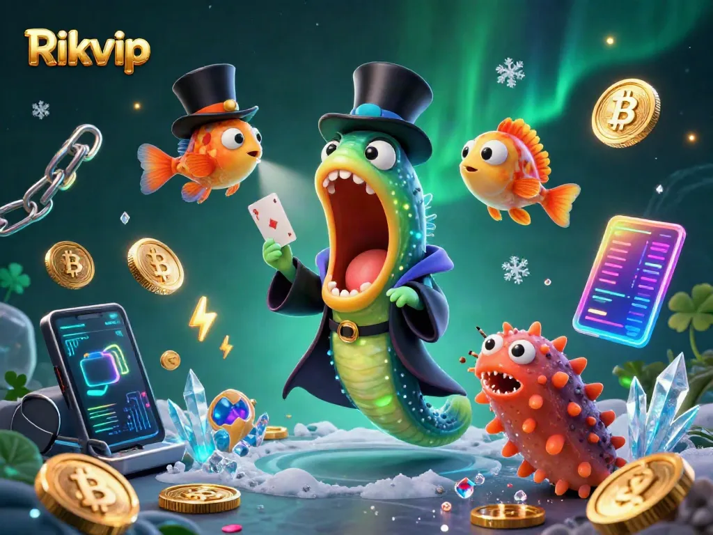 Rikvip showcases a magical underwater scene with characters performing card tricks amid vibrant casino elements.