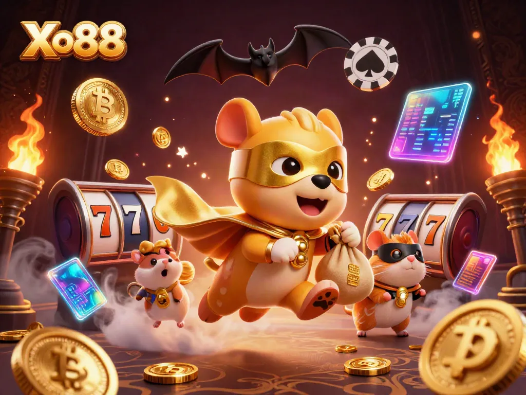 Xo88 presents a vibrant scene with a superhero dog flying with gold coins, surrounded by slot and crypto elements.