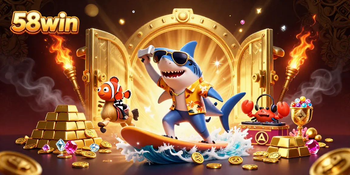 Surf the waves of gold coins with the vibrant 58win casino characters creating a thrilling atmosphere.