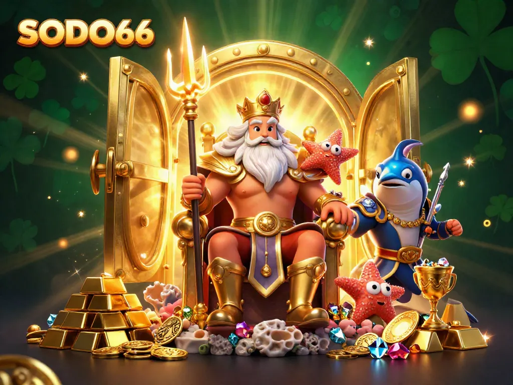 SODO66 captures thrilling casino action with a majestic sea king and treasure in a 3D illustration.