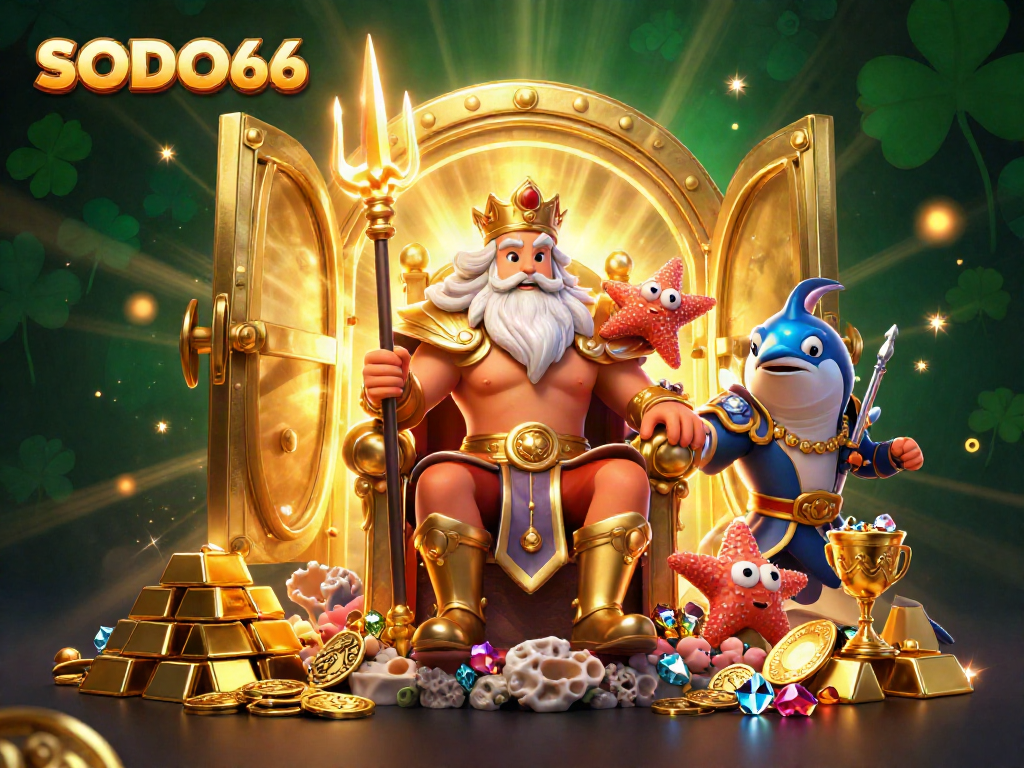 SODO66 captures thrilling casino action with a majestic sea king and treasure in a 3D illustration.