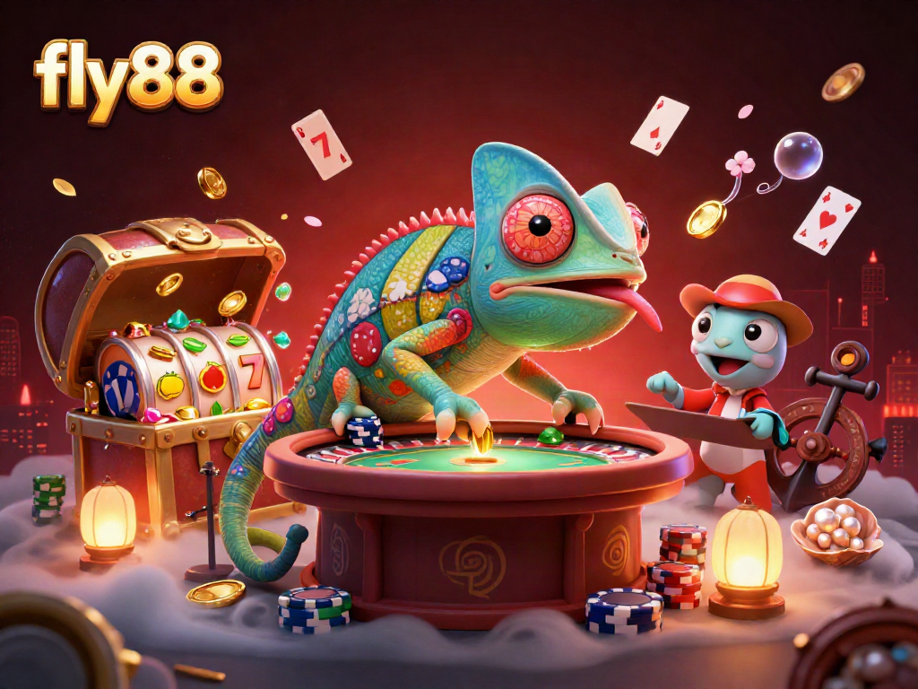 Win big at fly88 with a vibrant casino scene featuring a colorful chameleon and exciting slot action.