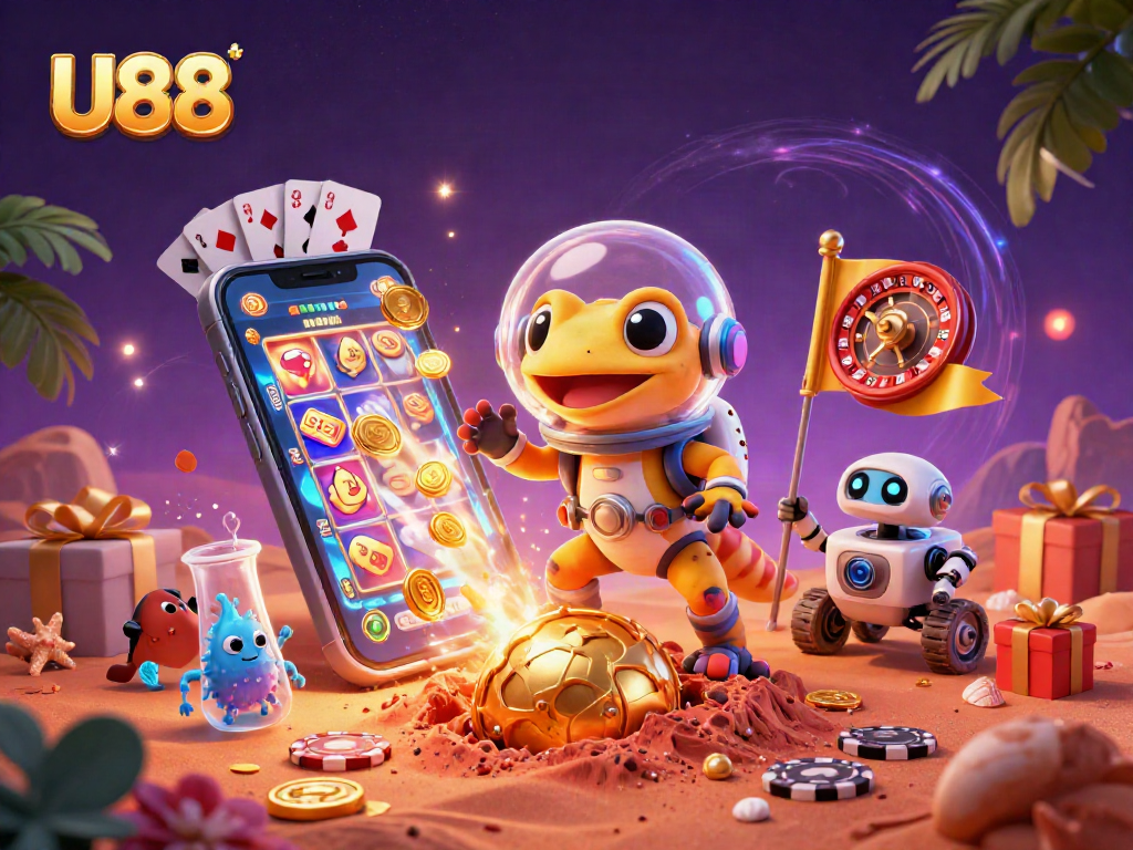 Experience U88 with a Martian gecko discovering a golden casino while celebrating wins.