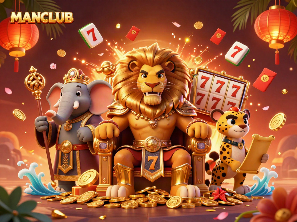 Engage in slots and jackpots with MANCLUB's immersive casino illustration featuring vibrant characters and dynamic elements.