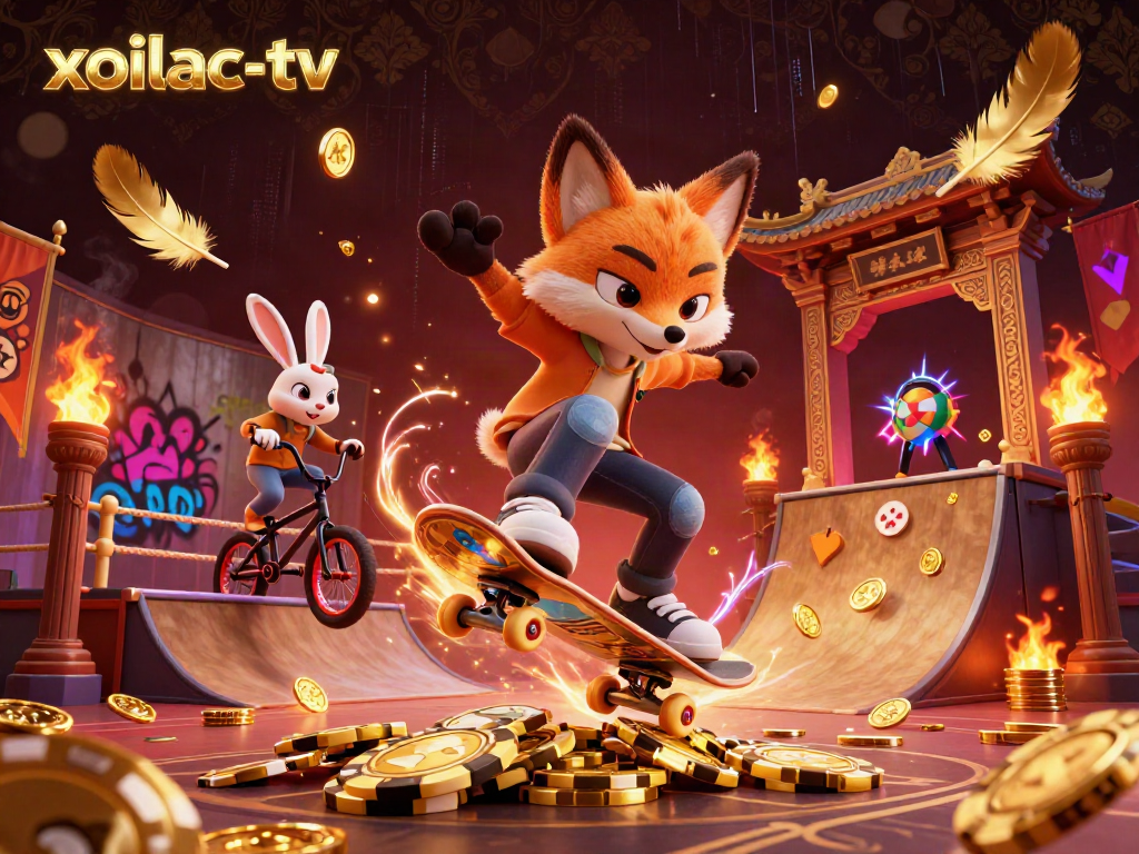 Xoilac-TV skateboarder fox kicking over poker chip ramp amidst vibrant casino imagery.