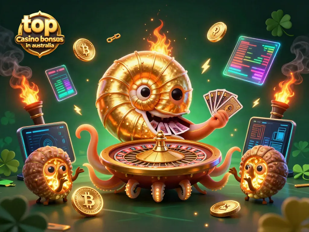 Experience the top casino bonuses in Australia with vibrant 3D illustrations of a mythical nautilus and golden accents.