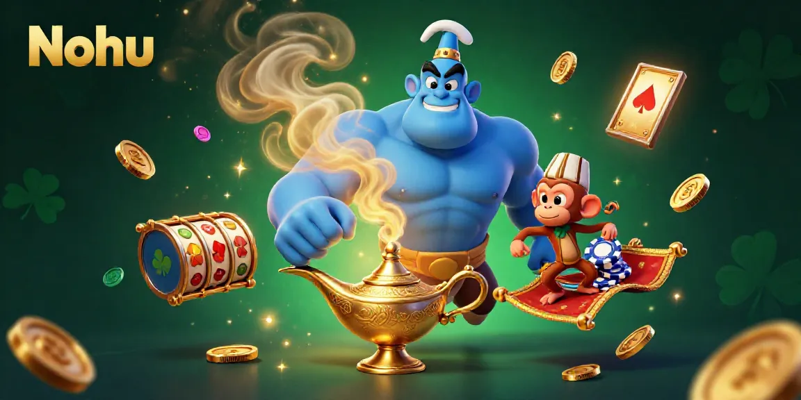 Nohu genie conjuring slot reels and gold coins in an energetic casino atmosphere.