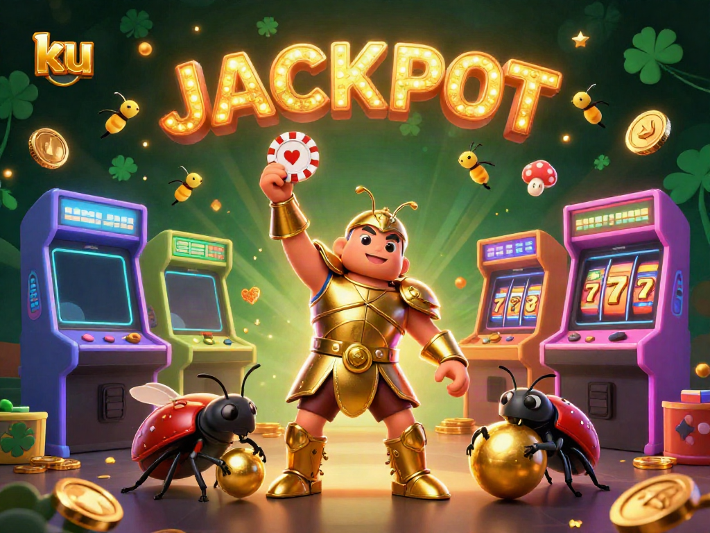 Engage with ku casino's vibrant gaming scene, featuring triumphant beetle characters in a dynamic 3D casino illustration.