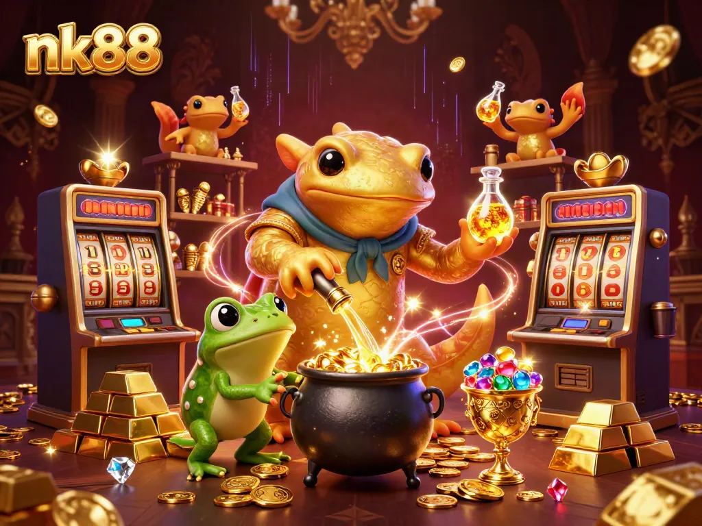Experience the magic of nk88 with a cartoon alchemist surrounded by golden coins and vibrant slot machines.
