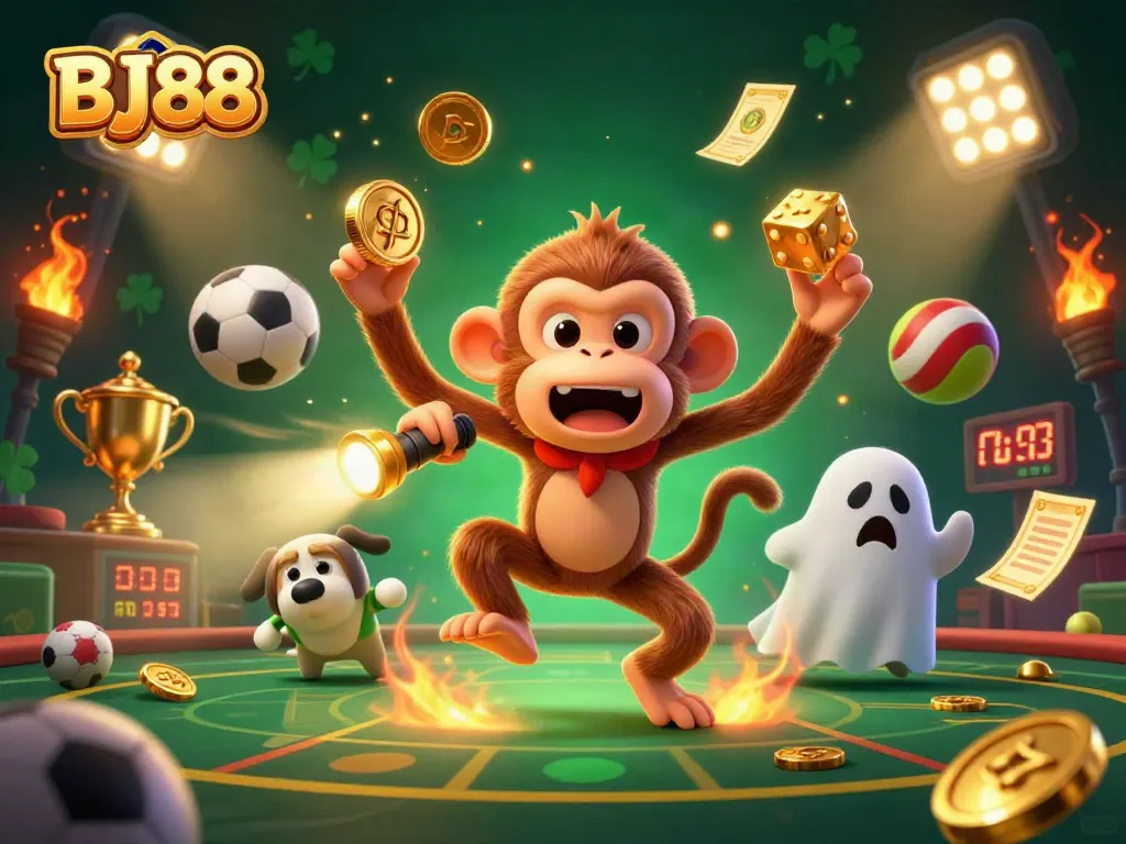 Experience the thrilling gameplay at BJ88 Casino with our interactive, vibrant gaming scene filled with gold coins and sports elements.