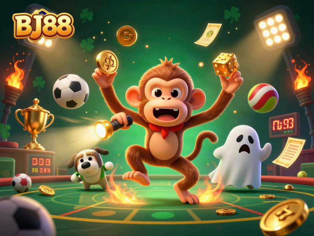 Experience the thrilling gameplay at BJ88 Casino with our interactive, vibrant gaming scene filled with gold coins and sports elements.