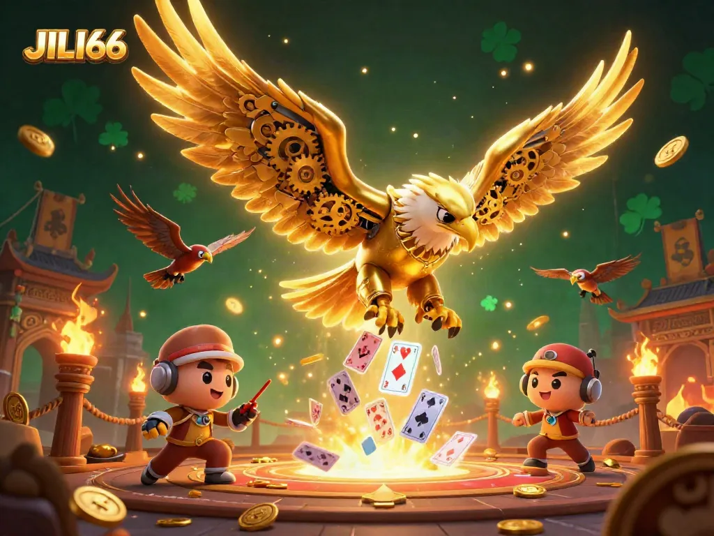Experience the excitement of JILI66 with a dynamic 3D illustration showcasing a golden eagle amidst casino elements.
