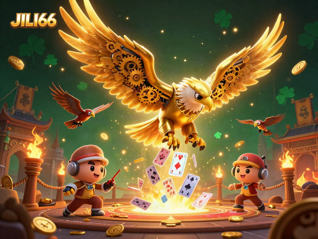 Experience the excitement of JILI66 with a dynamic 3D illustration showcasing a golden eagle amidst casino elements.