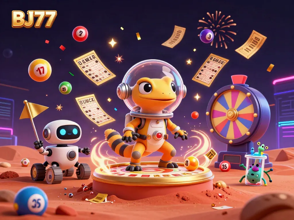 Experience the excitement of BJ77 with a Martian gecko discovering a golden casino in vibrant 3D!