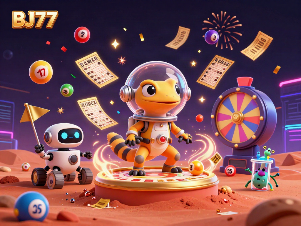 Experience the excitement of BJ77 with a Martian gecko discovering a golden casino in vibrant 3D!
