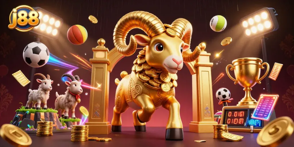 Engage in thrilling betting experiences with j88's vibrant dynamic casino scene featuring a golden ram and sports elements.