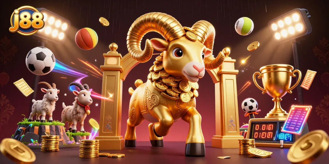 Engage in thrilling betting experiences with j88's vibrant dynamic casino scene featuring a golden ram and sports elements.