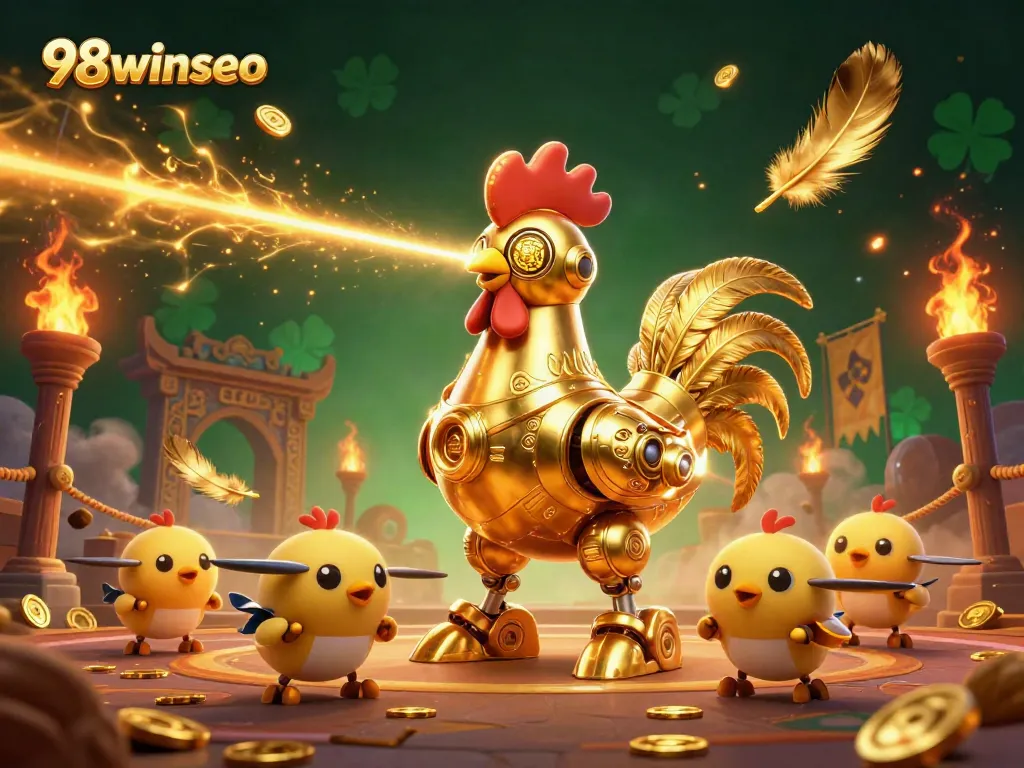 Engage in thrilling gaming adventures at 98winseo with a vibrant casino scene of a golden rooster robot.